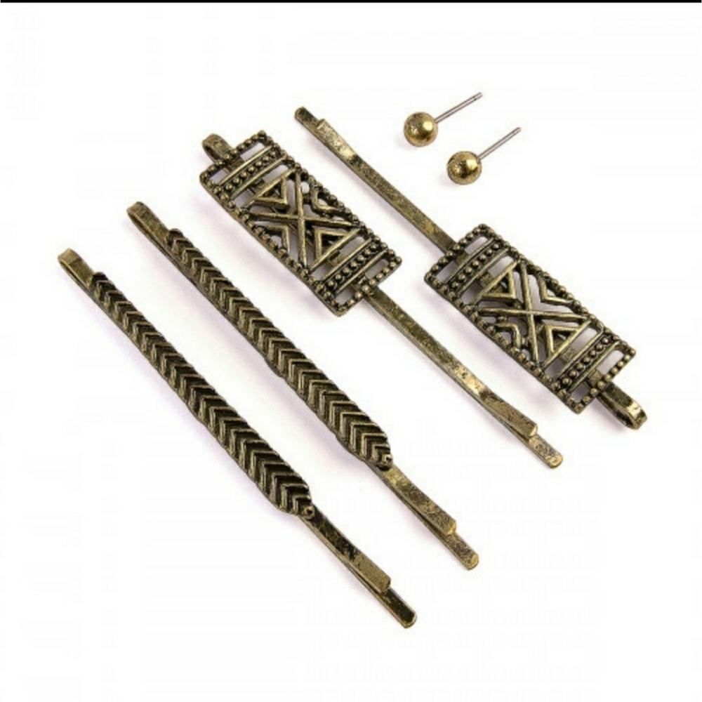 Burnished gold boho hair clip 4 piece set & pair of earrings